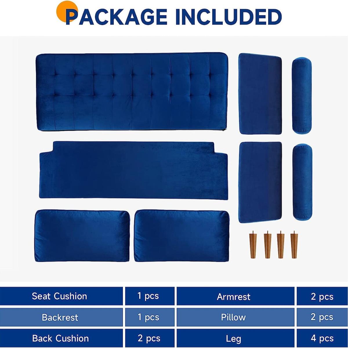 Modern Love Seat Sofas 3 Seater Sofa with 2 Bolster Pillows - Sapphire Blue – image 7
