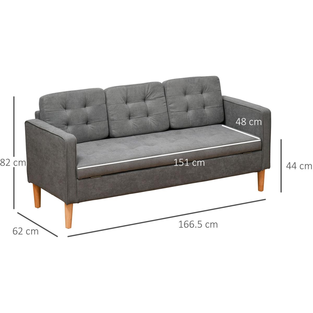 3-Seater Sofa Button-Tufted Fabric Couch with Storage Chest - Grey – image 6