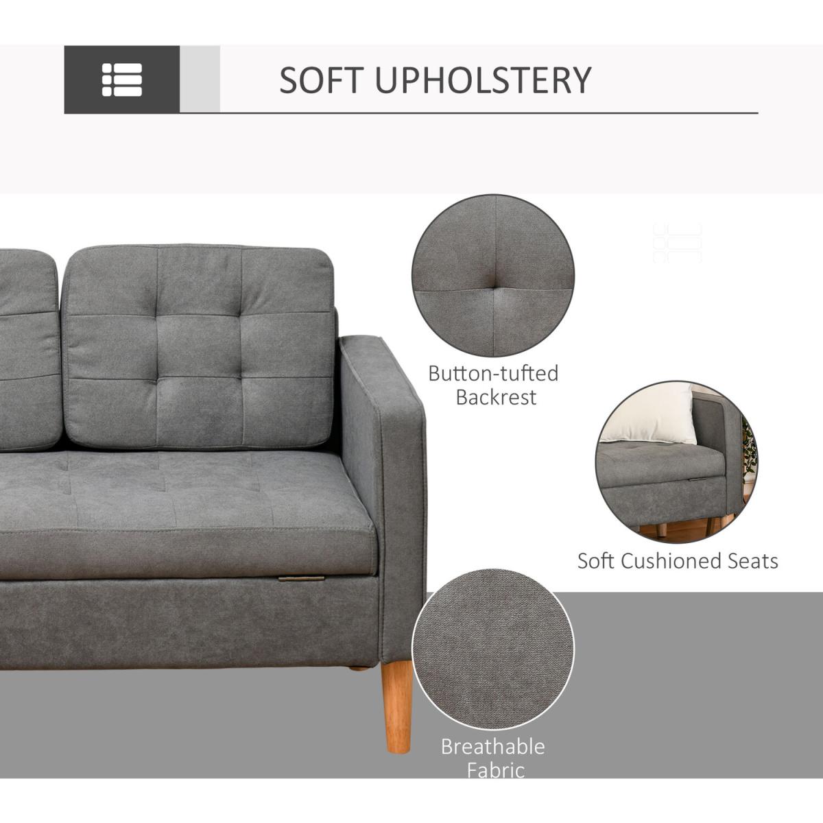 3-Seater Sofa Button-Tufted Fabric Couch with Storage Chest - Grey – image 7