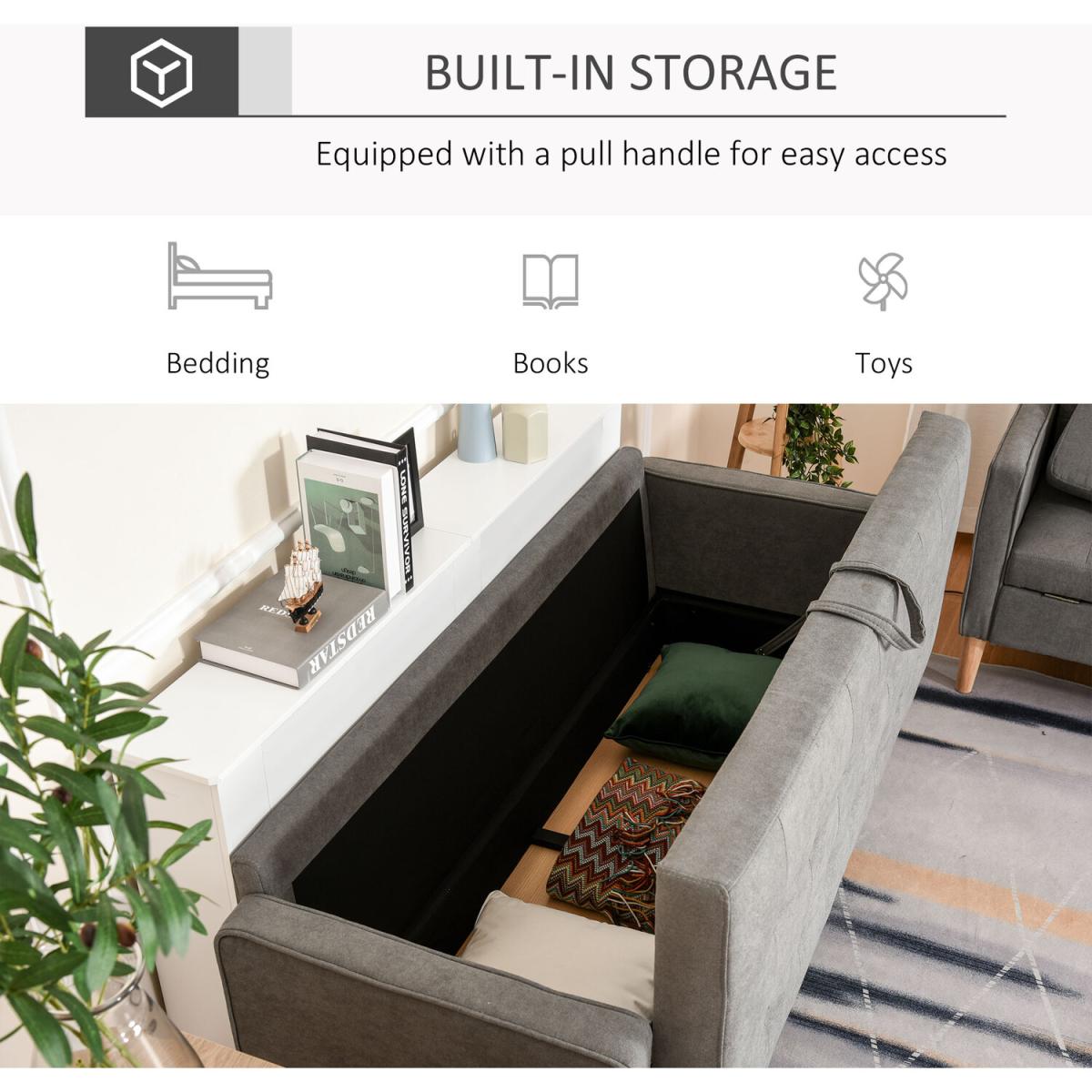 3-Seater Sofa Button-Tufted Fabric Couch with Storage Chest - Grey – image 9