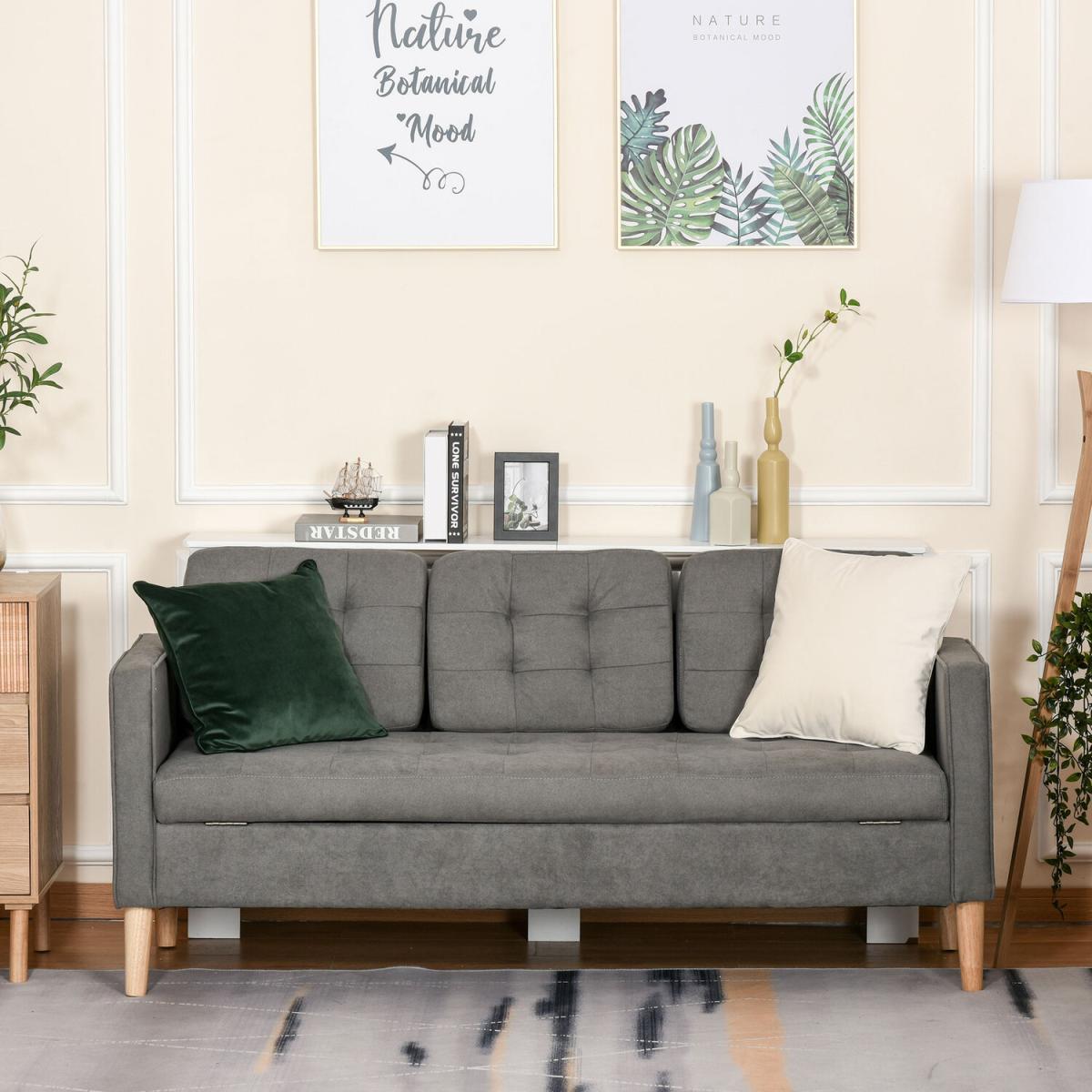 3-Seater Sofa Button-Tufted Fabric Couch with Storage Chest - Grey – image 1
