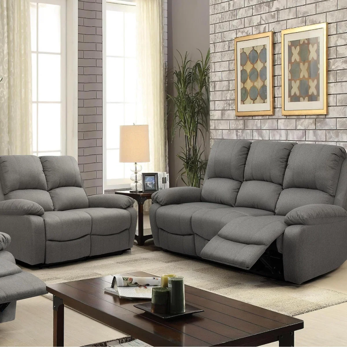 Luxury Fabric Reclining 3 Seater Sofa and 2 Seater Sofa - Light Grey