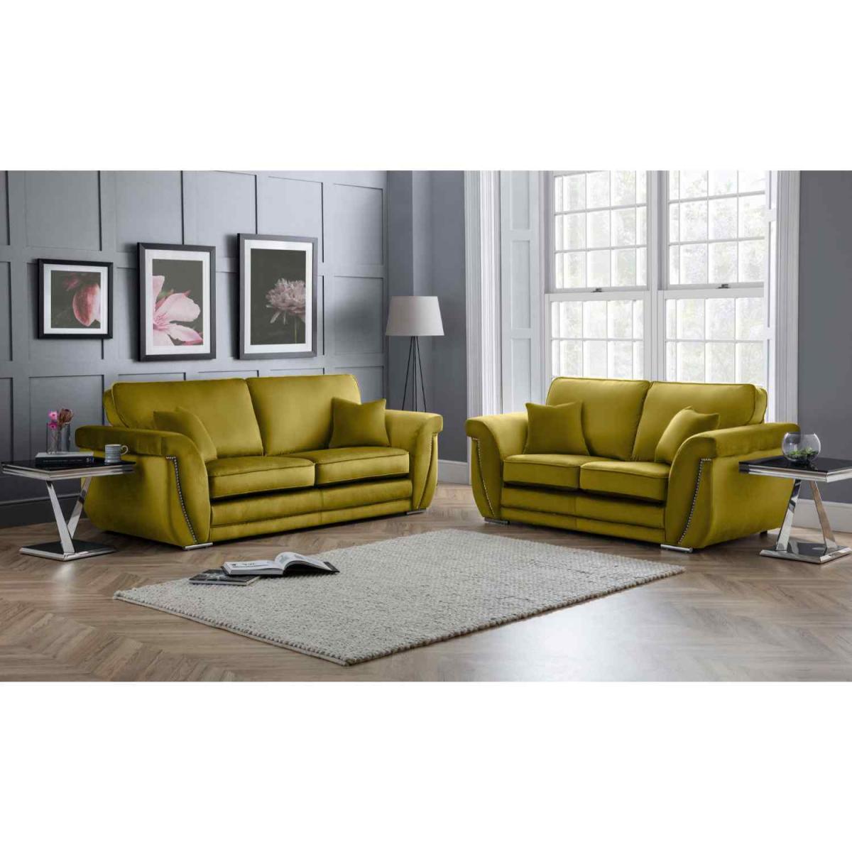 Luca 3 and 2 Seater Full Back Sofa Set Velvet with Beading - Grass – image 2