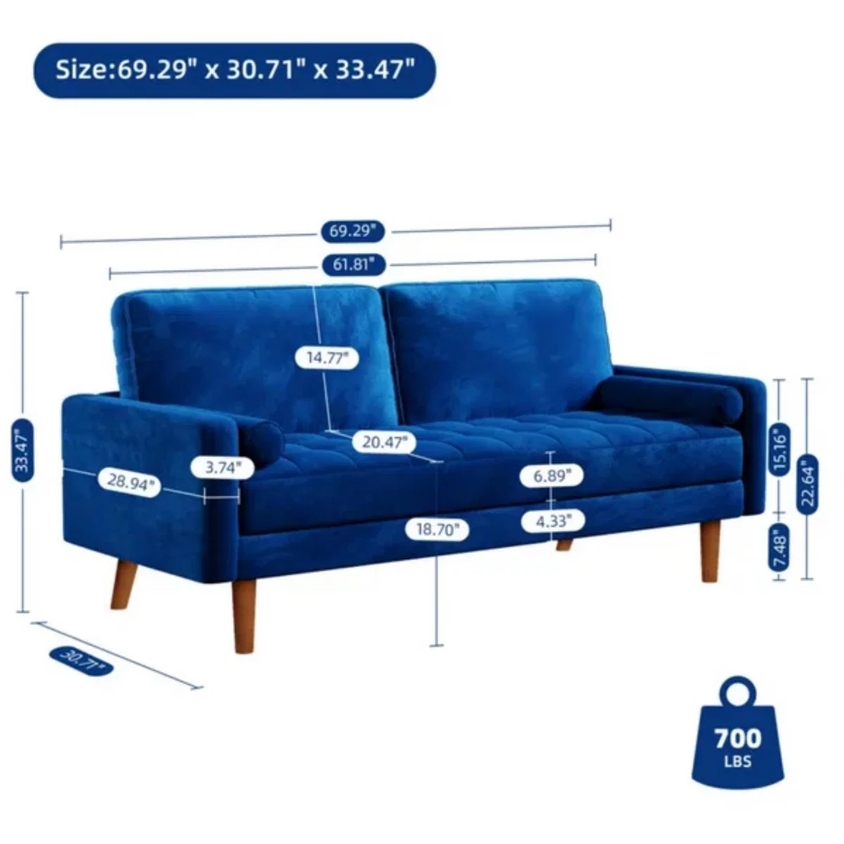 Velvet Rolled Arm Upholstered 3-Seater Loveseat - Blue – image 4