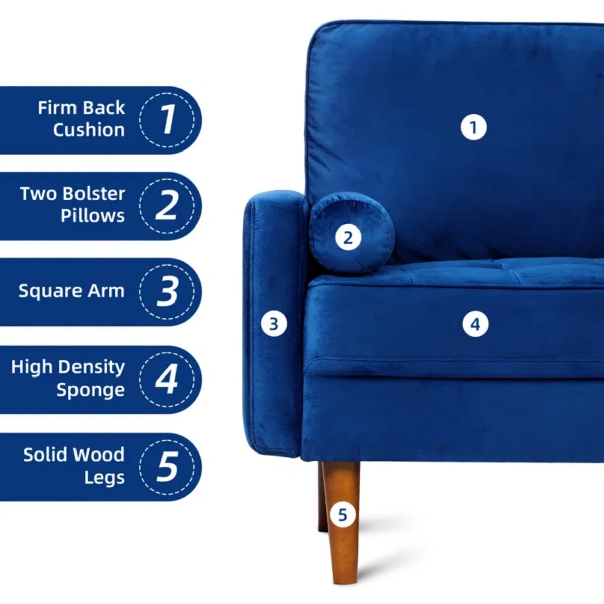 Velvet Rolled Arm Upholstered 3-Seater Loveseat - Blue – image 5