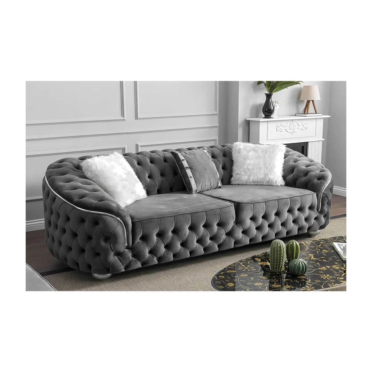 Bursa Velvet Chesterfield 3 Seater Sofa - Grey – image 1