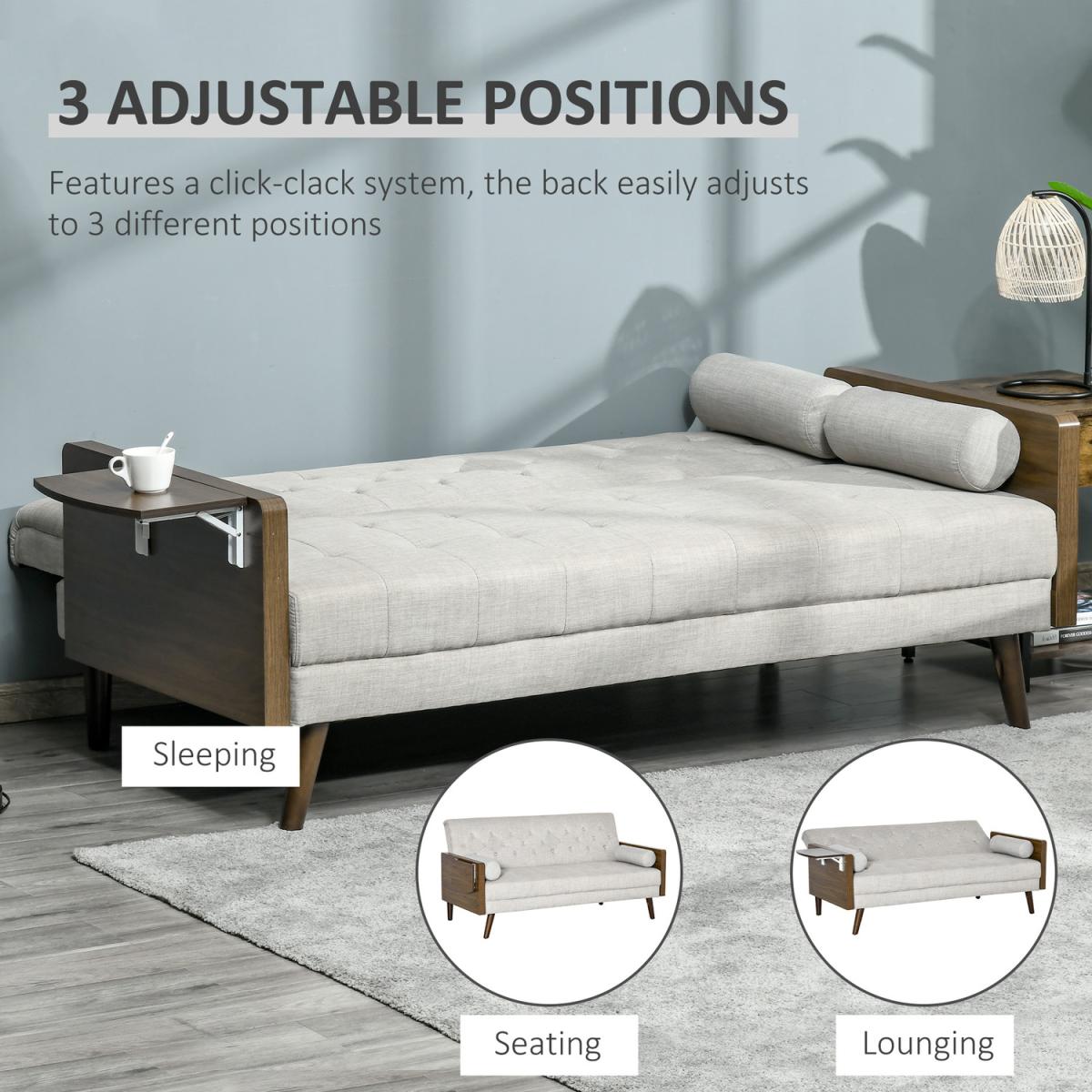3-Seater Sofa Bed Click-Clack Button-Tufted Settee Recliner Couch - Beige – image 6