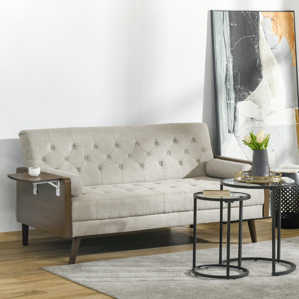 3-Seater Sofa Bed Click-Clack Button-Tufted Settee Recliner Couch - Beige – image 9