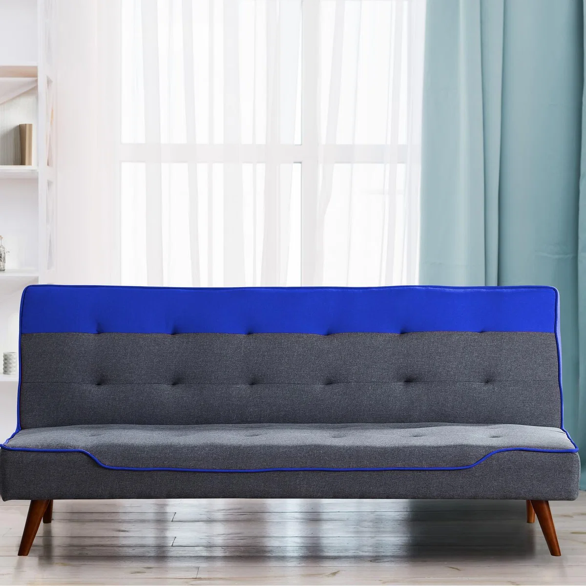 Blue Fabric Sofa Bed 3 Seater Recliner With Wooden Legs