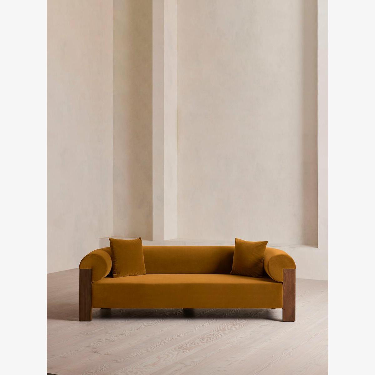 Eldon Three Seater Sofa, Walnut, Velvet, Mustard – image 1