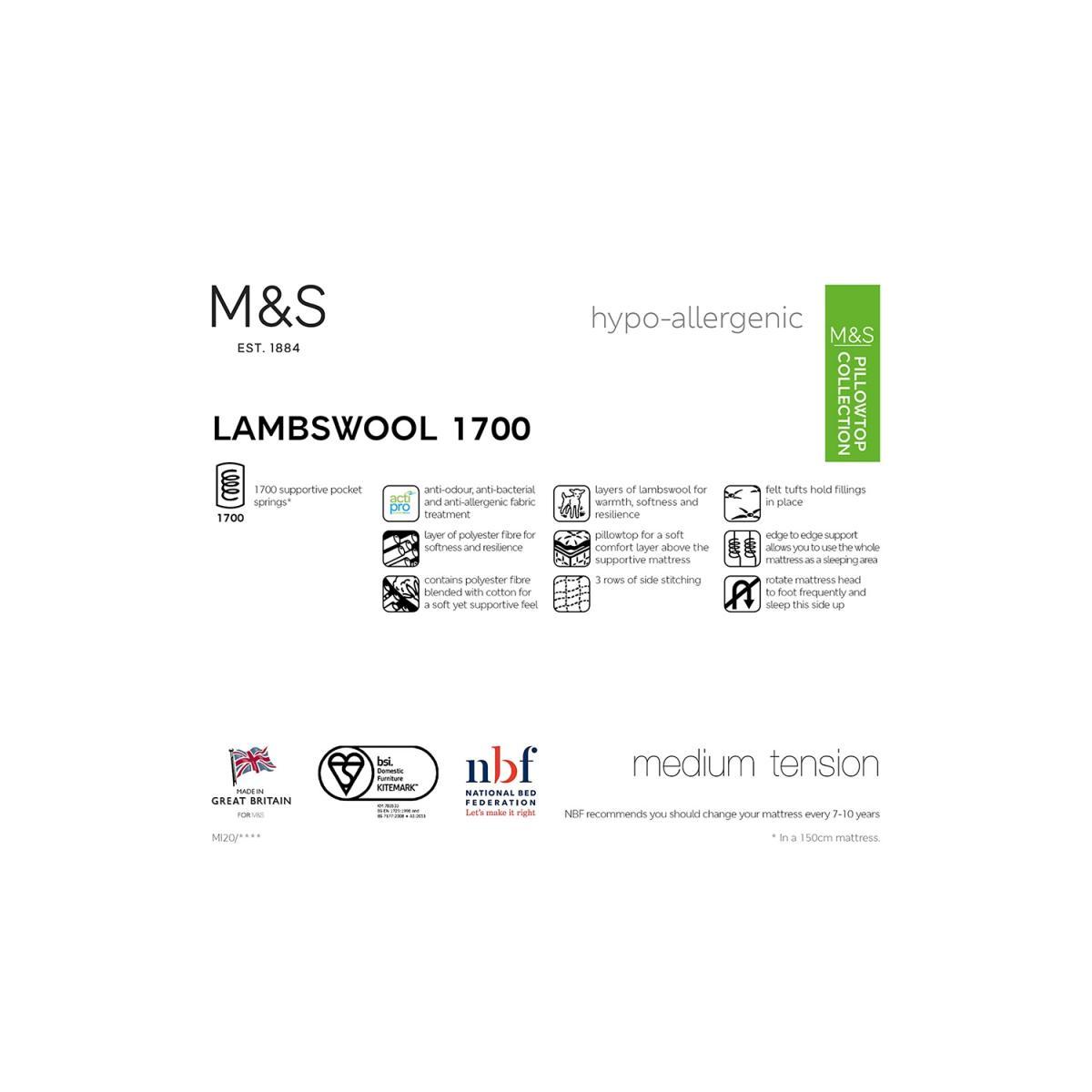 M&S Pillowtop Lambswool 1700 Pocket Sprung Medium Mattress - 3FT - White, White – image 6