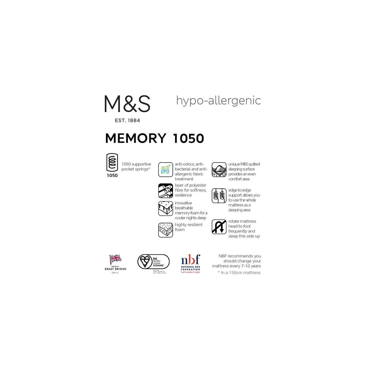 M&S Memory Foam 1050 Pocket Sprung Medium Mattress - 4FT6 - White, White – image 7