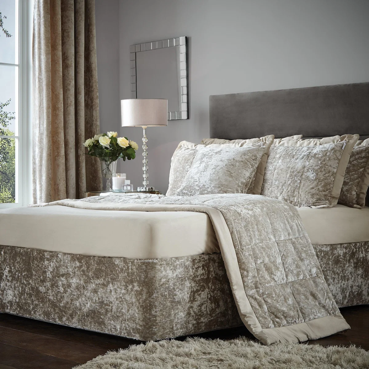 Catherine Lansfield Crushed Velvet Divan Base Bed Wrap Natural – image 1