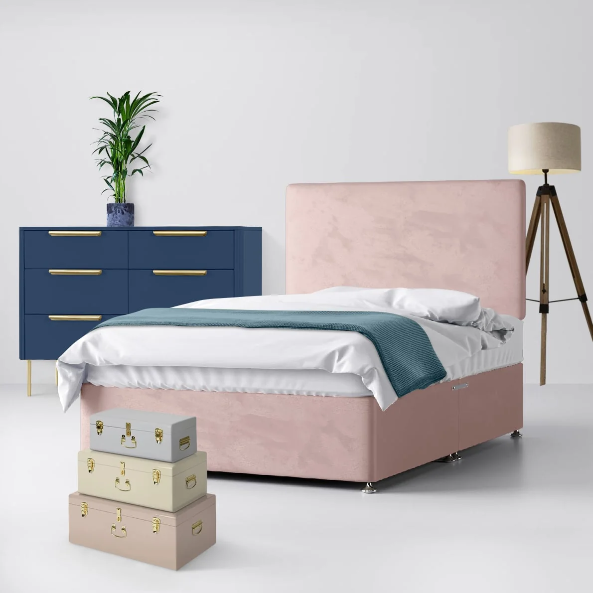 Single - Divan Bed and Cornell Plain Headboard - Pink - Velvet - 3ft - Happy Beds