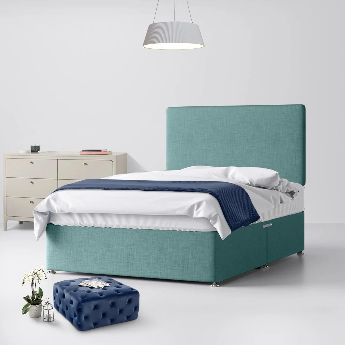 Double - Divan Bed and Cornell Plain Headboard - Duck Egg Blue - Fabric - 4ft6 - Happy Beds