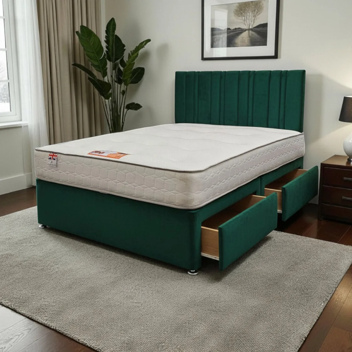 SKY Plush Bed Set With Mattress, 2 Drawers Same Side & 24"Headboard - Emerald / Single – image 2