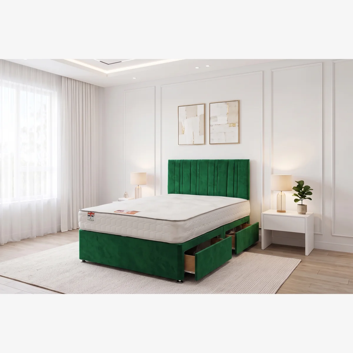 SKY Plush Bed Set With Mattress, 2 Drawers Same Side & 24"Headboard - Emerald / Single – image 1