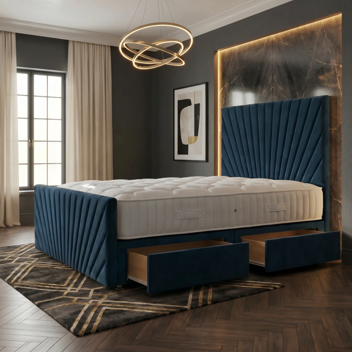 Sunrise Velvet Divan Bed with Mattress 54" Headboard and 22" Footboard - Navy / 2 / Superking