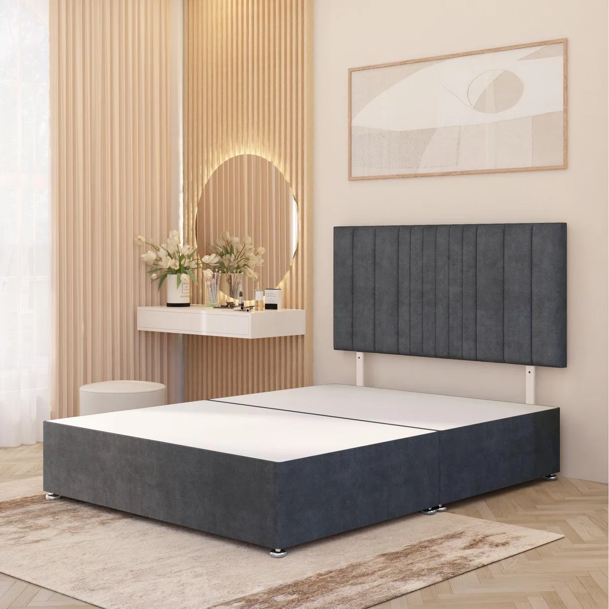 Arizona Plush Velvet Divan Bed Base with Drawers and 32" Headboard - Charcoal / Small Single / No Drawers
