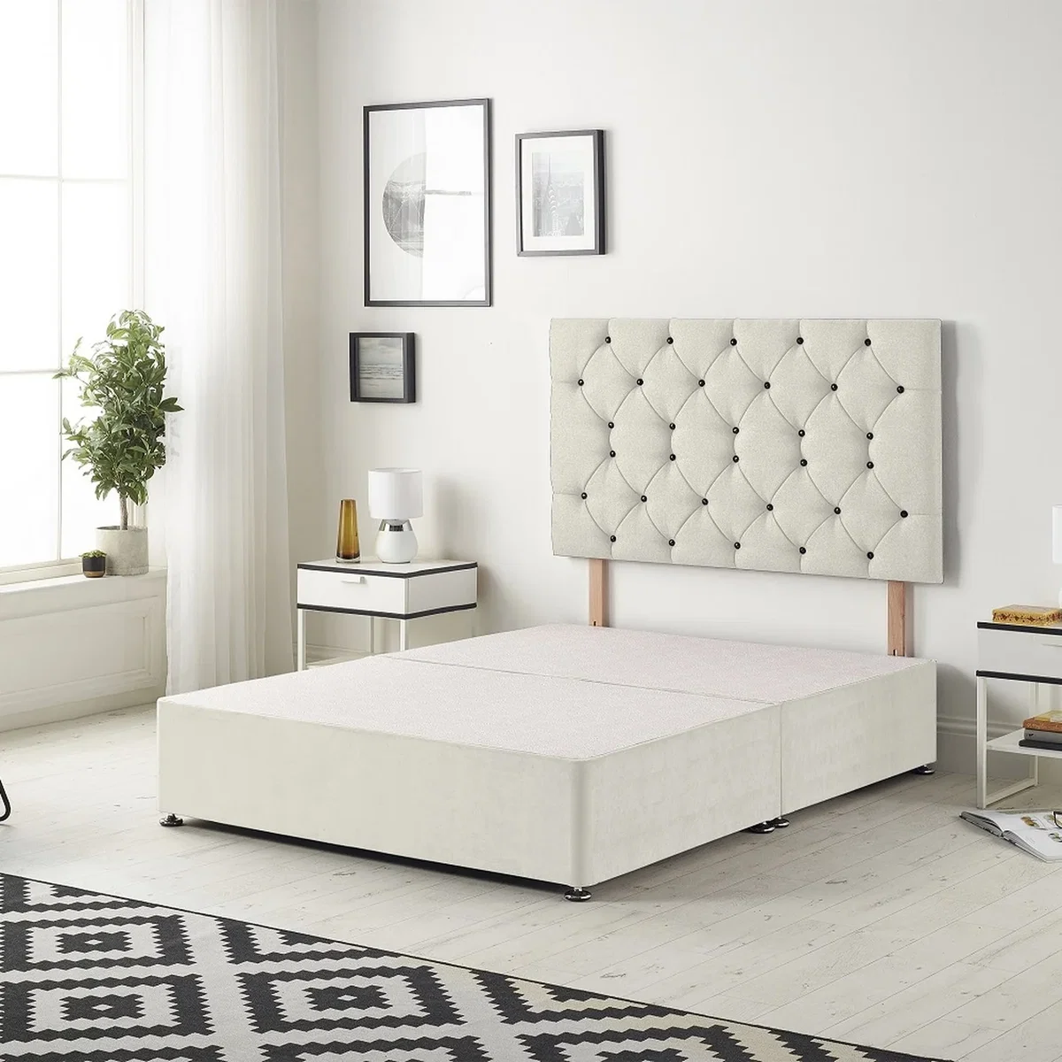 Savoy Velvet Divan Bed Base with 32" Diamante Headboard and Drawers - White / King / 40kg