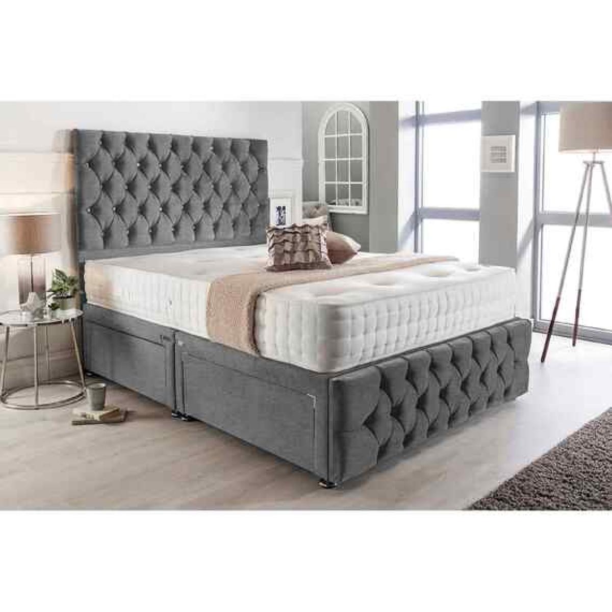 Merina Divan Bed with Tall Headboard Mattress-Chenille, 2 Drawers Left Side - Silver / Grey / King