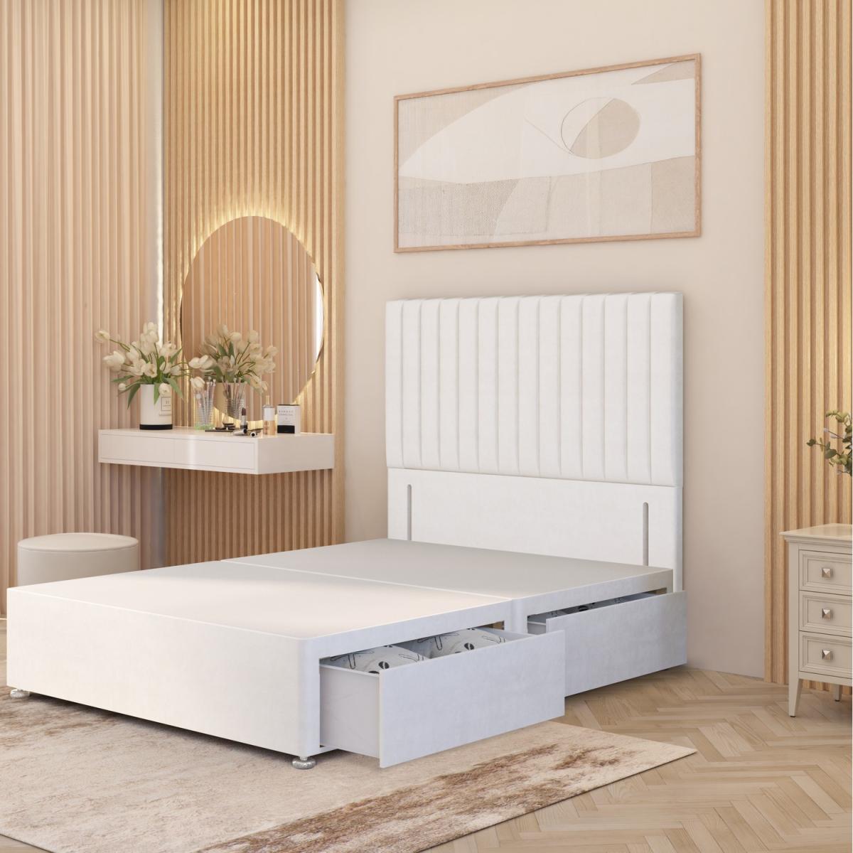 Verona Divan Bed Base with 54" Floor Standing Headboard Plush Velvet - White / Superking / 4 Drawers