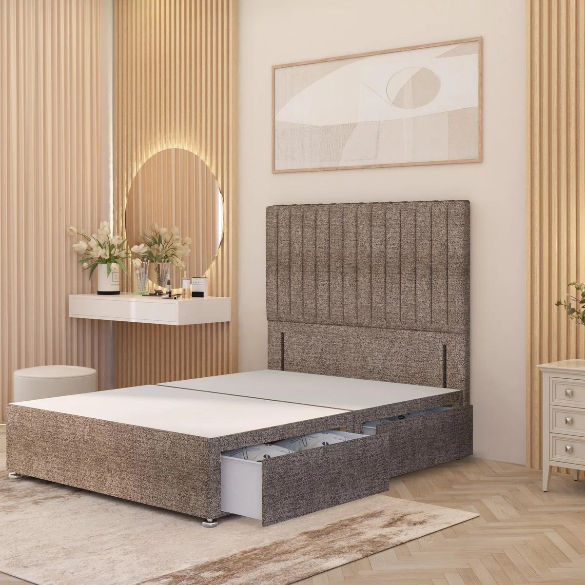 Verona Divan Bed Base with 54" Floor Standing Headboard Tweed Fabric - Coffee / King / 2 Drawers