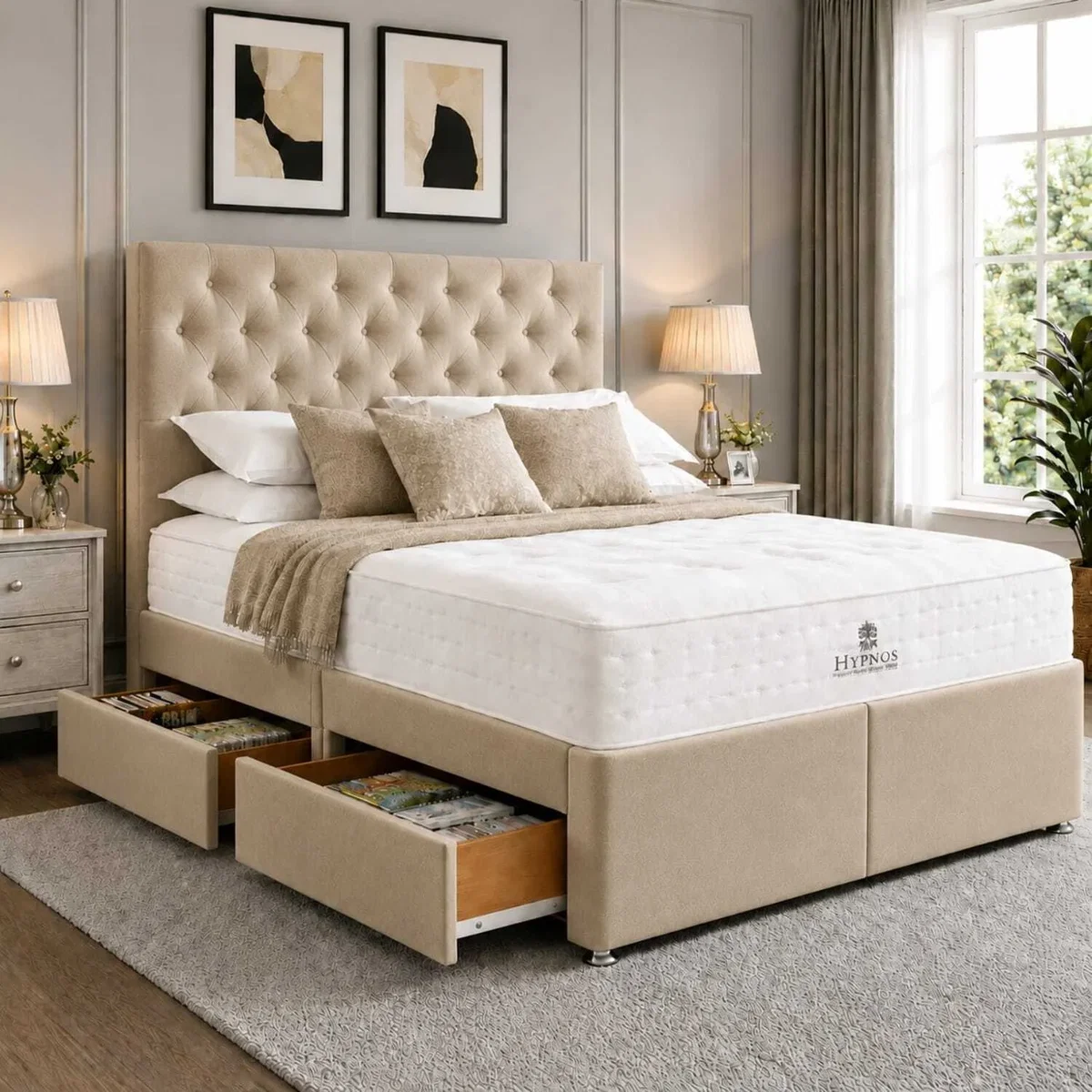 Premium Divan Bed With Headboard And Storage Drawers - Beige / Double – image 1