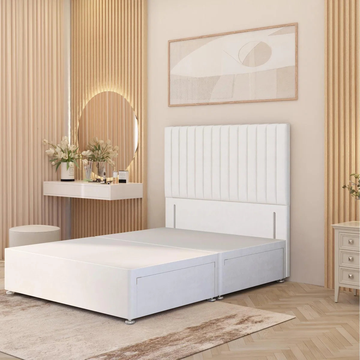Verona Divan Bed Base with 54" Floor Standing Headboard Plush Velvet - White / King / No Drawers