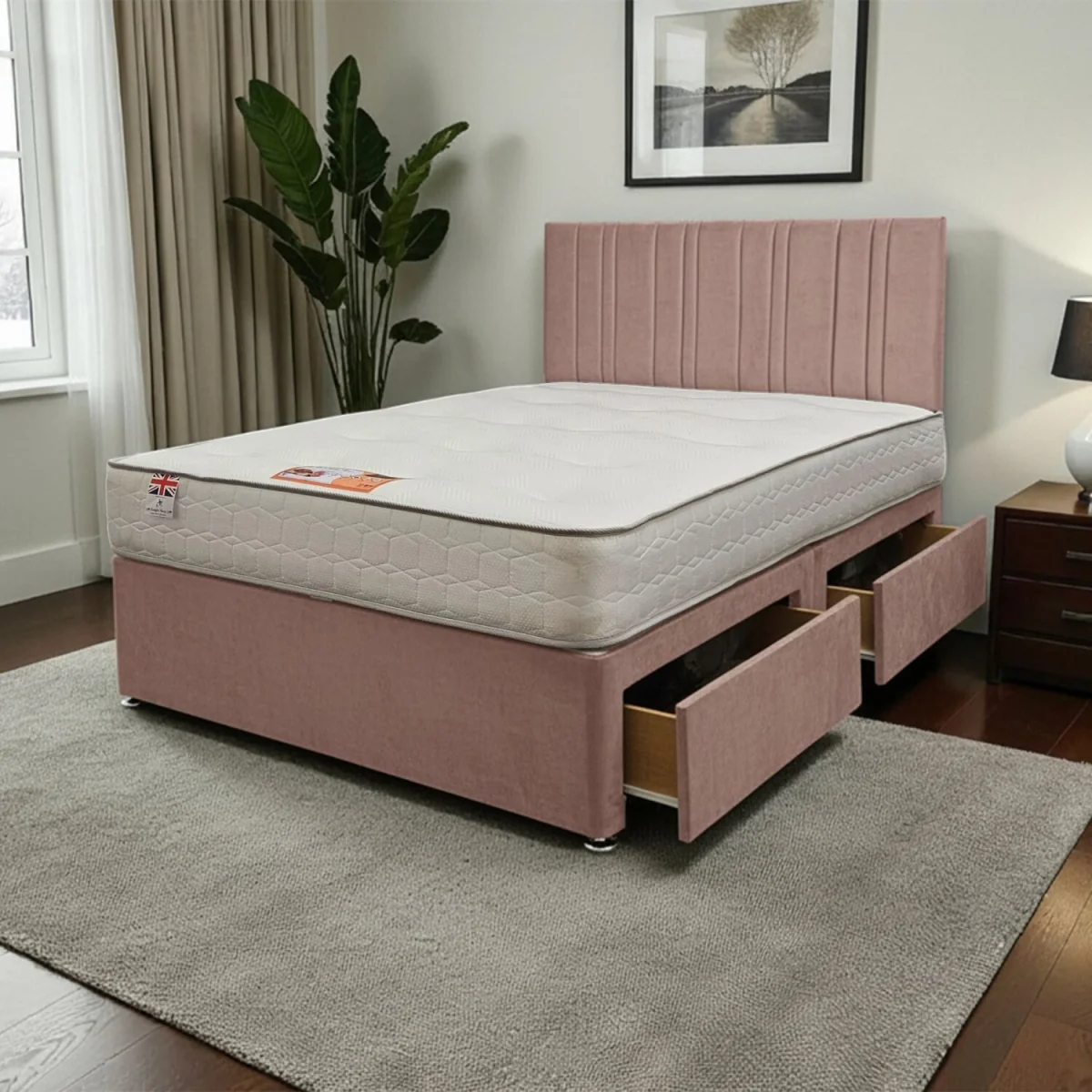 SKY Plush Bed Set With Mattress, 2 Drawers Same Side & 24"Headboard - Pink / Small Double – image 2