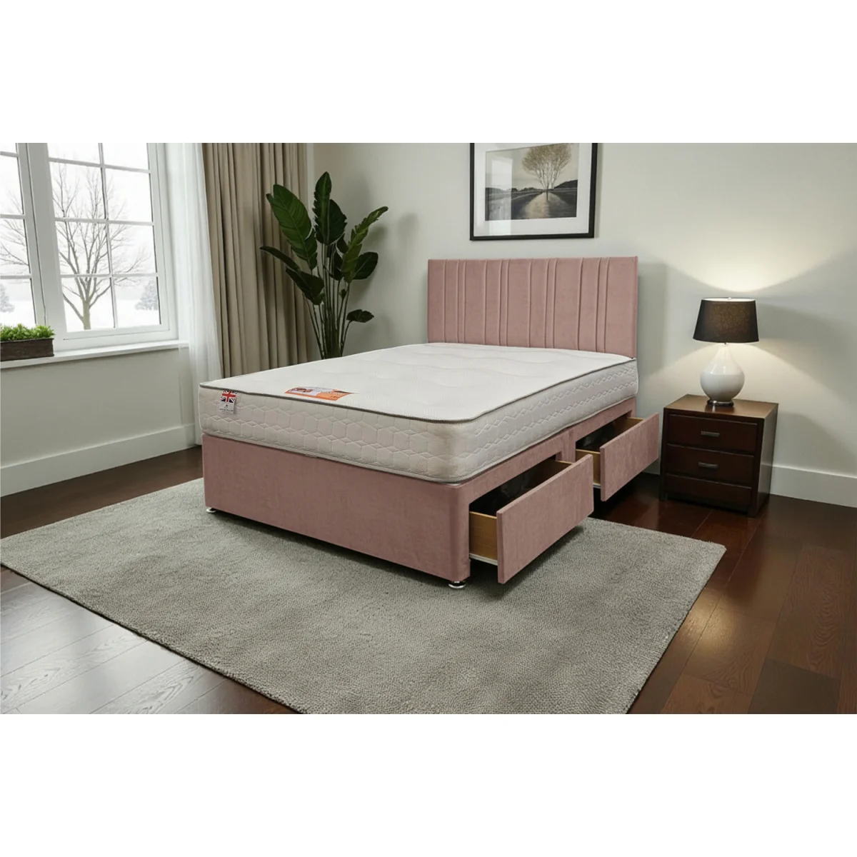 SKY Plush Bed Set With Mattress, 2 Drawers Same Side & 24"Headboard - Pink / Small Double – image 3