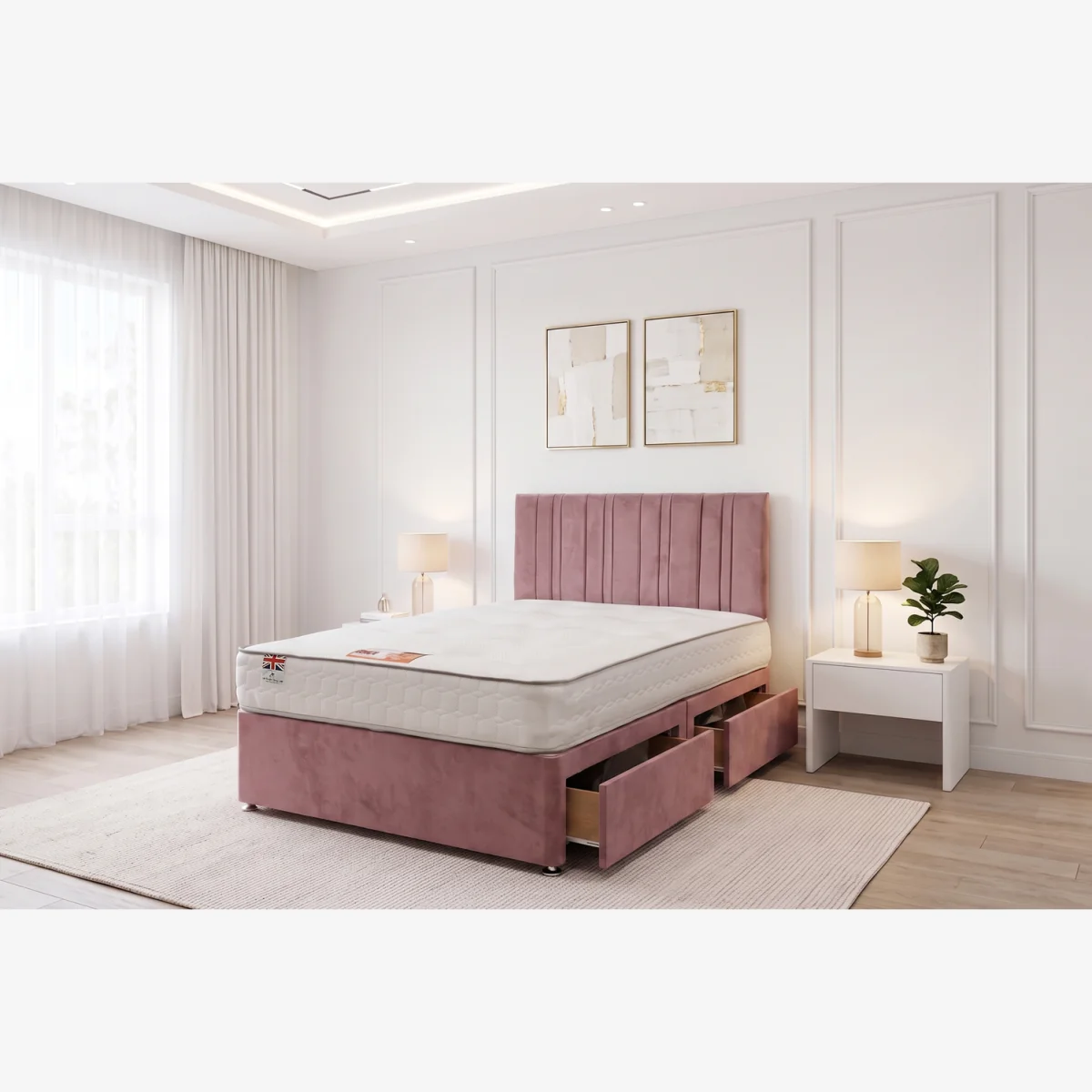 SKY Plush Bed Set With Mattress, 2 Drawers Same Side & 24"Headboard - Pink / Small Double – image 1
