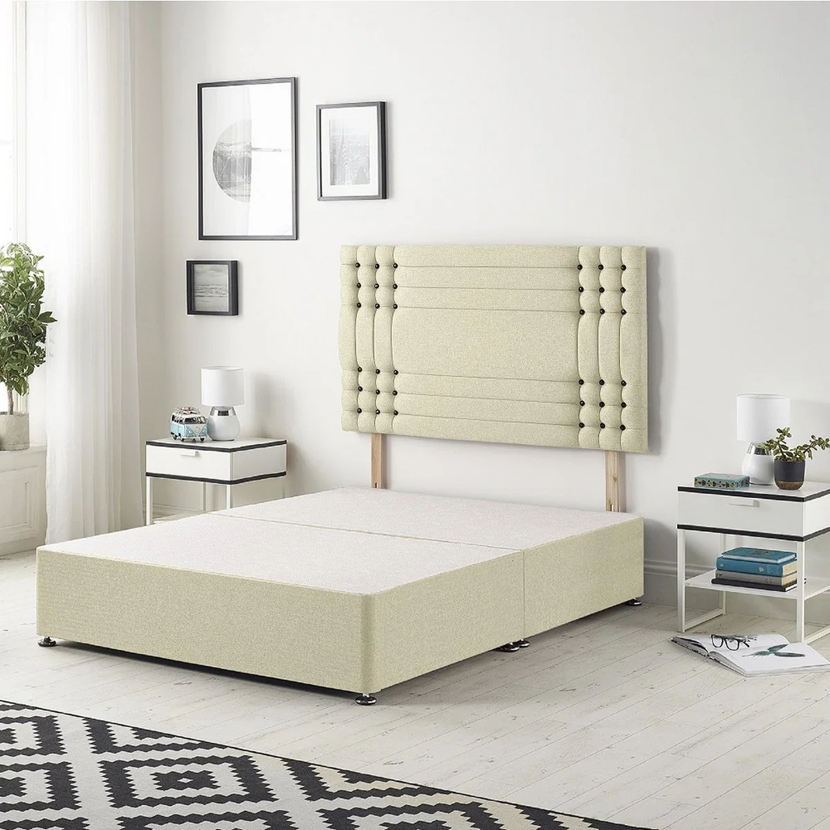 Saville Linen Fabric Solid Top Divan Bed Base with 32" Headboard - Beige / 0 / Double