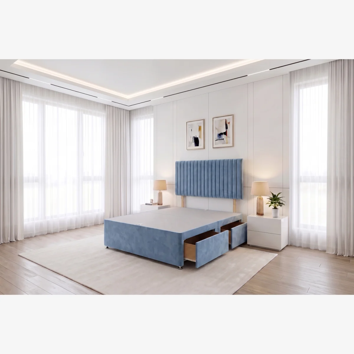 Emily Emerald Plush 6FT Divan Bed Base with 2 Drawers & Headboard - Super King - Sky Blue / Single – image 1
