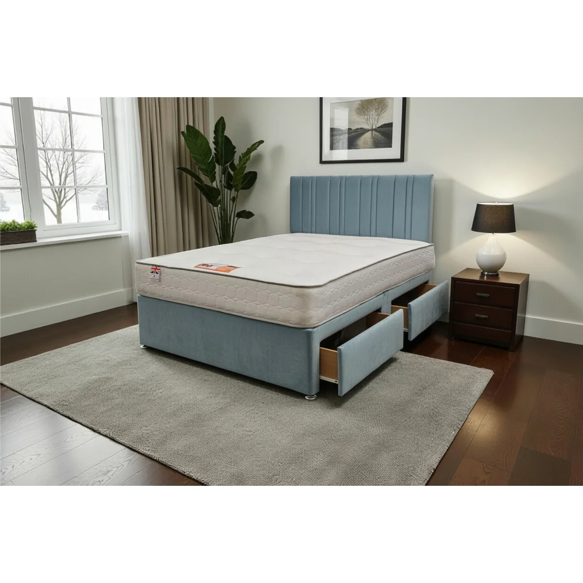 SKY Plush Bed Set With Mattress, 2 Drawers Same Side & 24"Headboard - Sky Blue / King – image 2