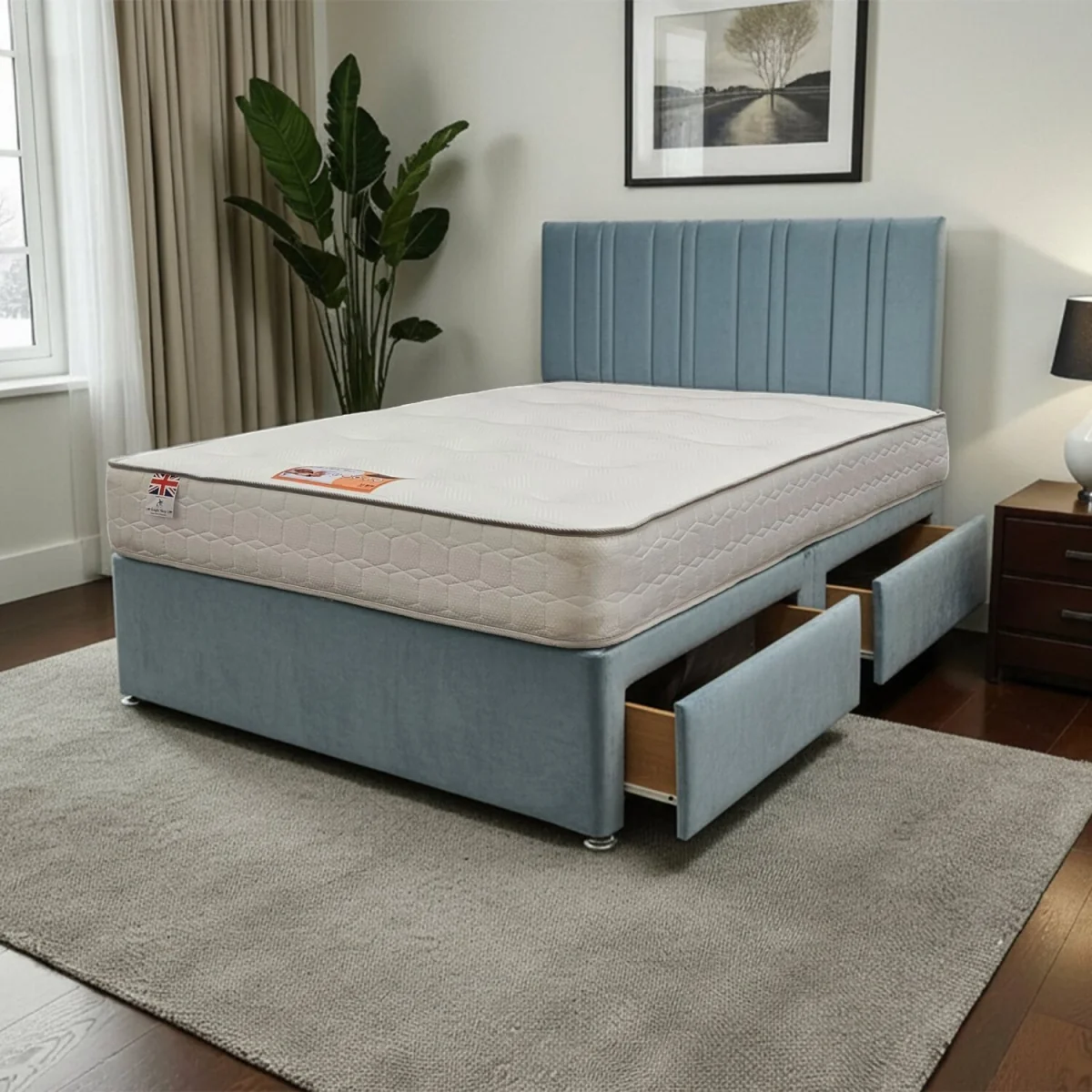 SKY Plush Bed Set With Mattress, 2 Drawers Same Side & 24"Headboard - Sky Blue / King – image 3