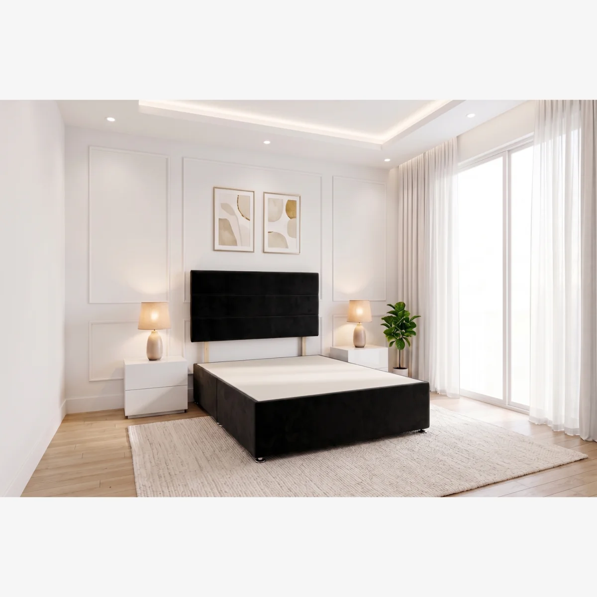 York Divan Bed Frame, No Mattress, 2 Drawers & Headboard Plush Velvet - Black / Superking