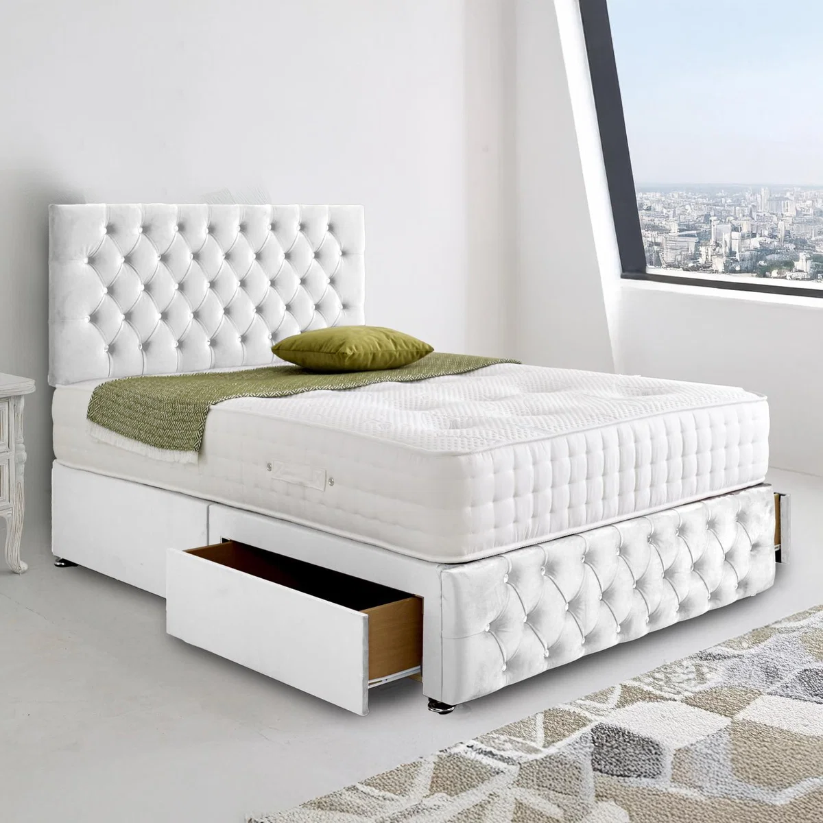 Divan Bed Base with Spanish Bottoned Headboard - White / 36kg / 150cm / 5ft King