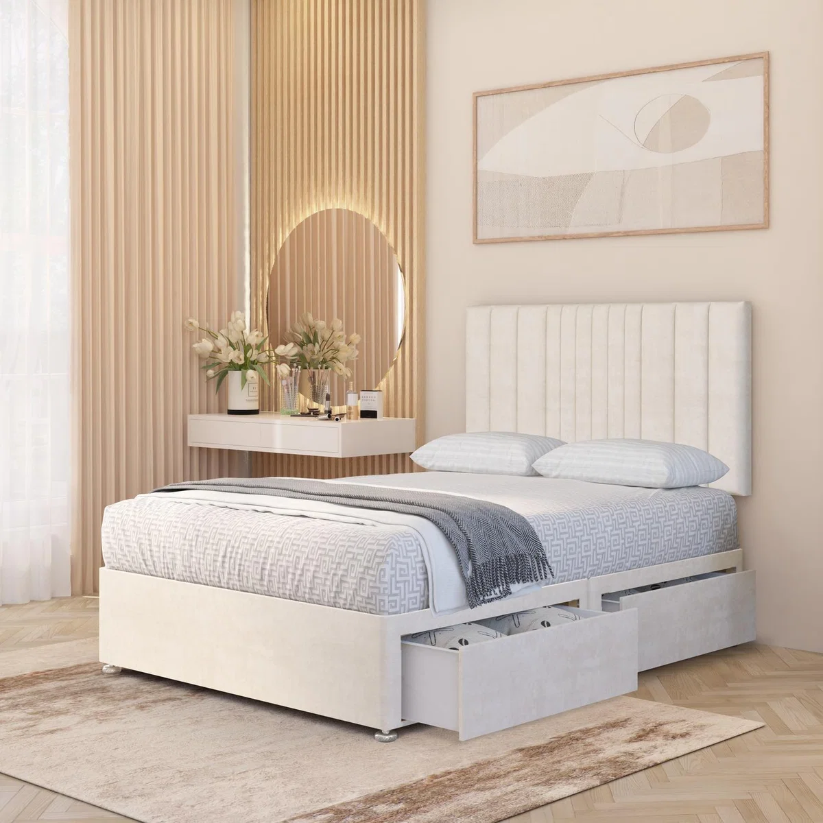 Arizona Plush Velvet Orthopaedic Divan Bed Set Hybrid Mattress and 32" Headboard - Ivory / Small Double / 2 Drawers