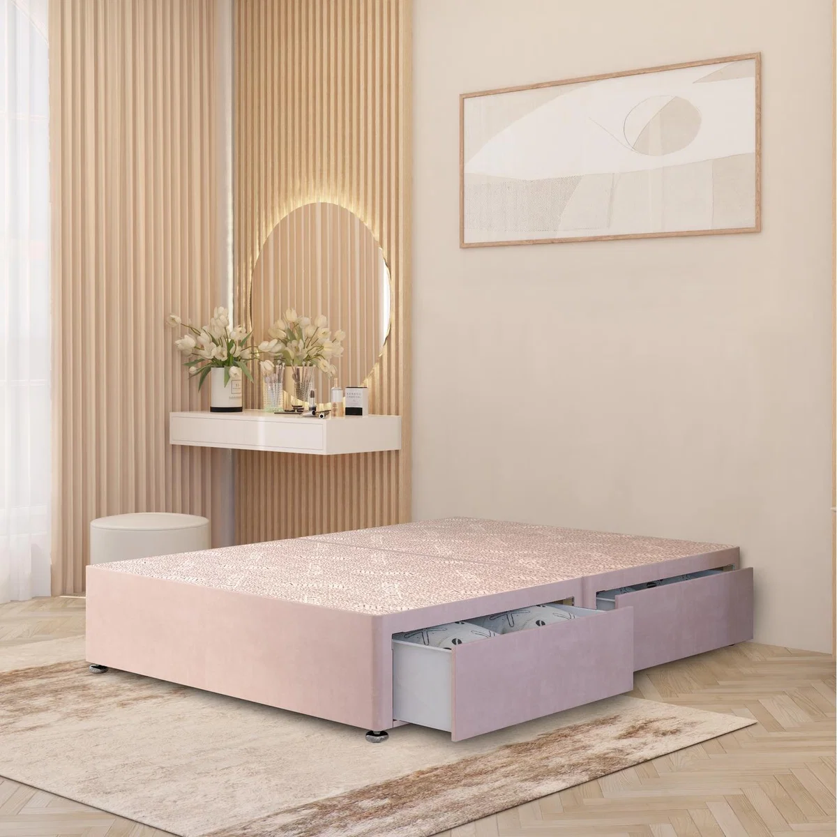 Divan Bed Base Plush Velvet Solid Platform Top with Draw Options - Pink / King / 2 Drawers