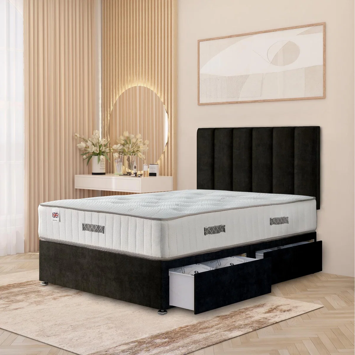 Austin Plush Velvet Orthopaedic Divan Bed Set Hybrid Mattress and Headboard - Black / Small Single / 2 Drawers