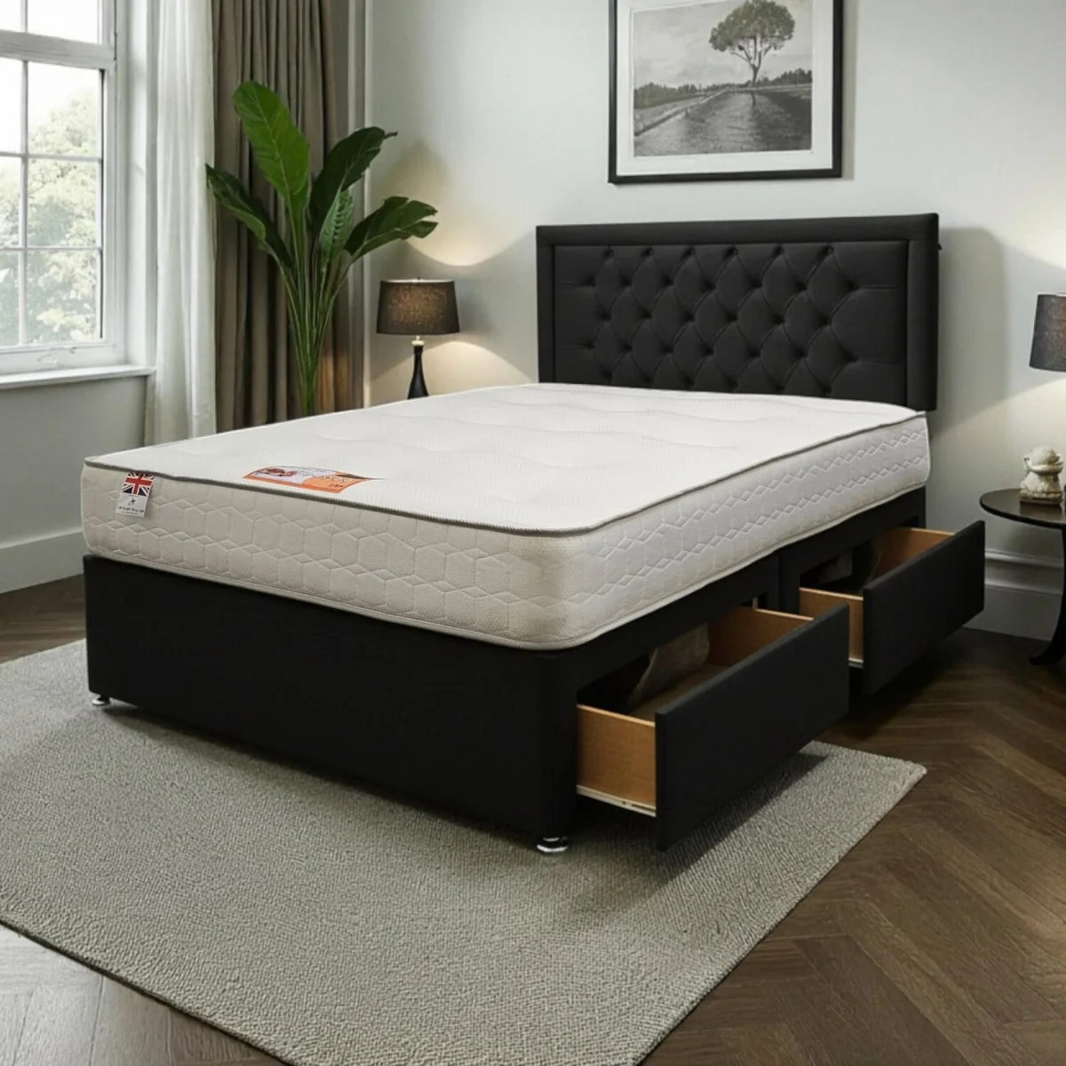 Ellis Plush Bed Set With Mattress, 2 Drawers Same Side & 24"Headboard - Black / Superking – image 1