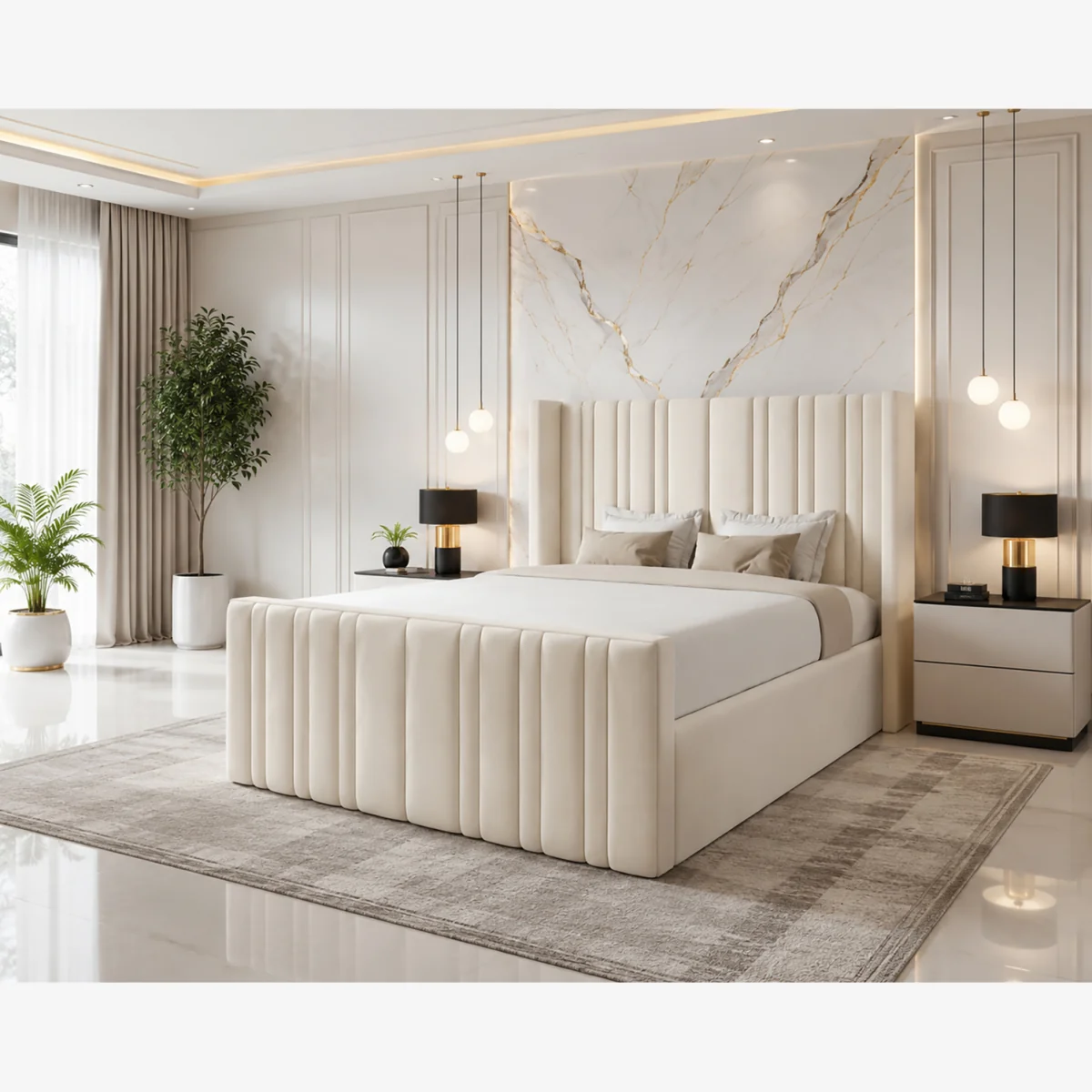 Modern Luxury Luxe Line Whisper Wing Divan Ottoman Storage Bed Plush Velvet Cream - Cream / Superking – image 1