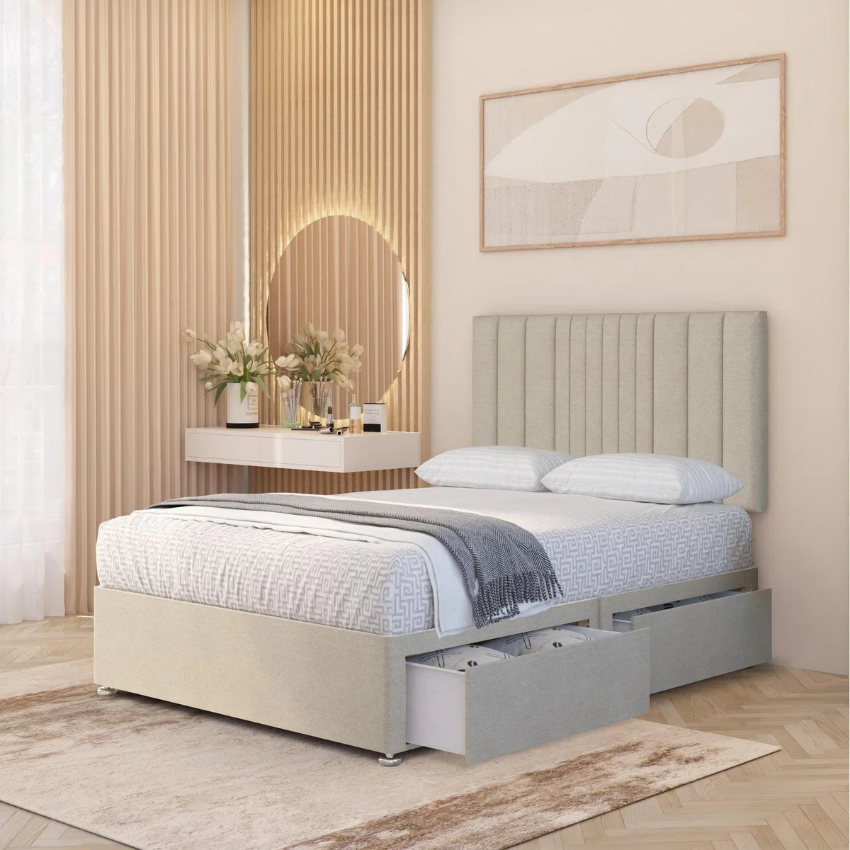 Arizona Tweed Fabric Orthopaedic Divan Bed Set Hybrid Mattress and 32" Headboard - Natural / Small Single / 2 Drawers