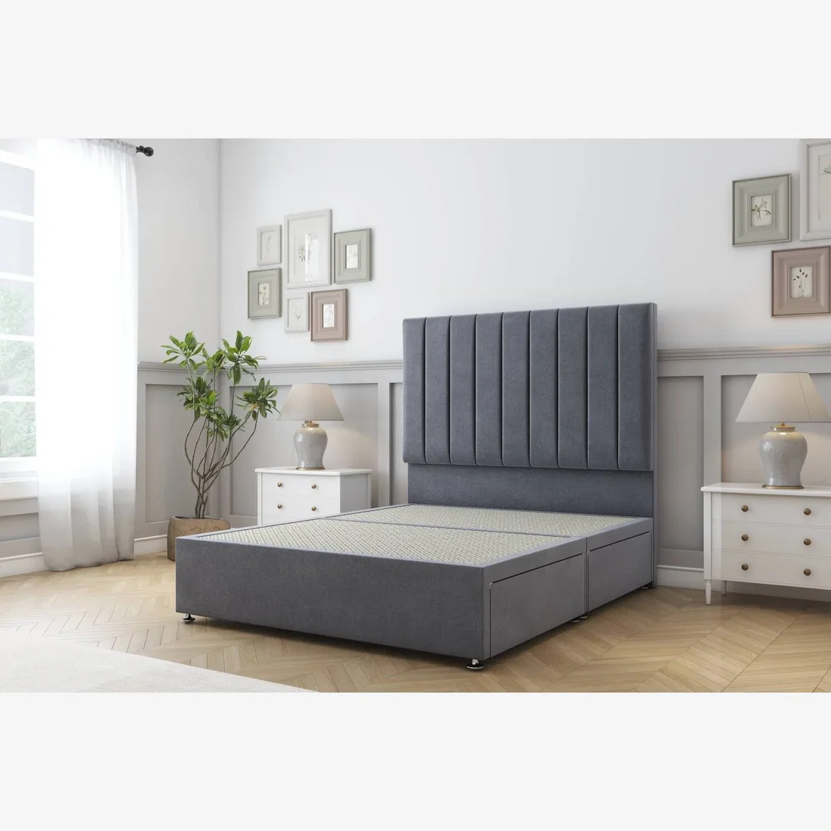 Sloomy Kansas Steel Plush Divan Bed Base 2 Drawers Foot-End 54 Inch Floor Standing Headboard - Steel / 1350mm – image 1