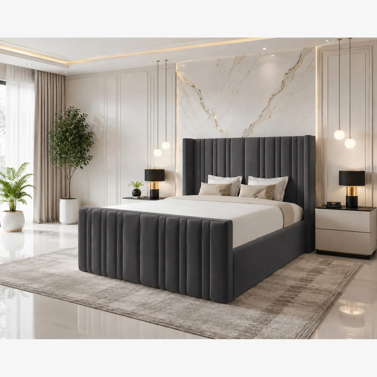 Modern Luxury Luxe Line Whisper Wing Divan Ottoman Storage Bed Plush Velvet Dark grey - Dark Grey / Single – image 1