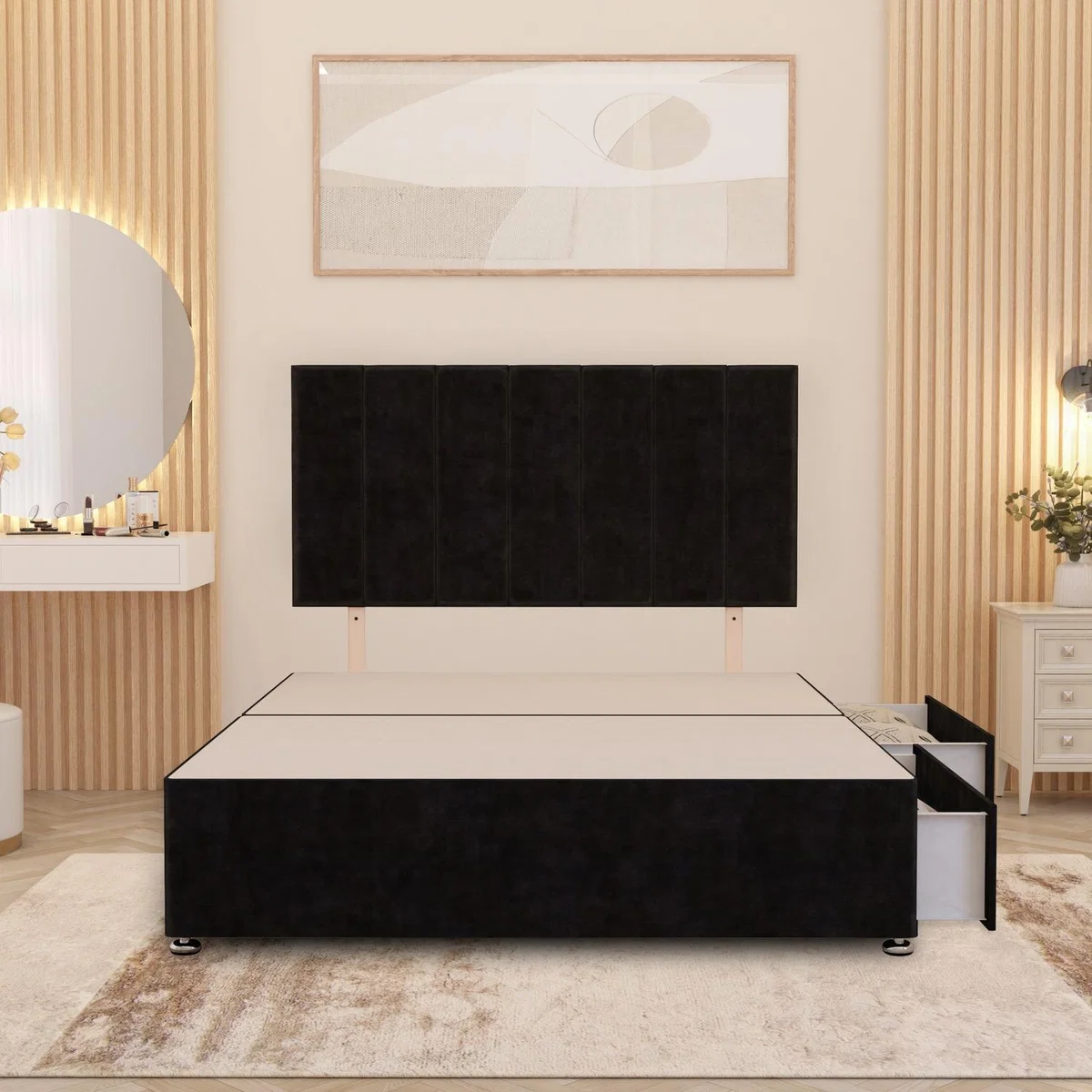 Austin Divan Bed Base with 32" Headboard Plush Velvet Storage Drawer Options - Black / Single / 2 Drawers