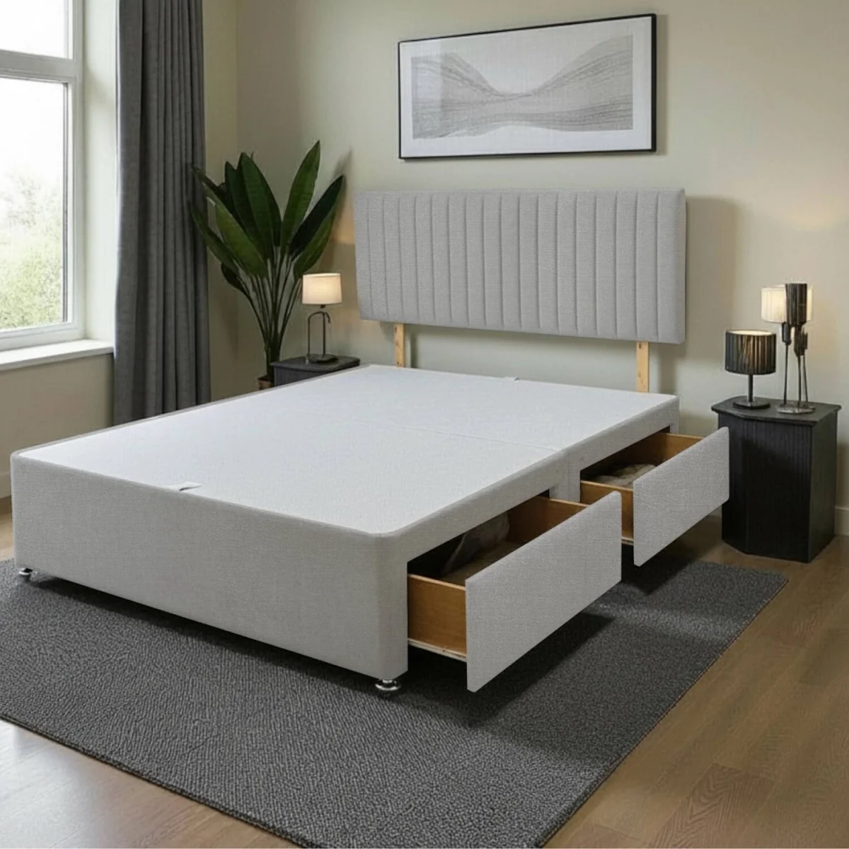 Emily Divan Bed Base 2 Drawers, with Headboard Naples Fabric - Silver / 183cm – image 1