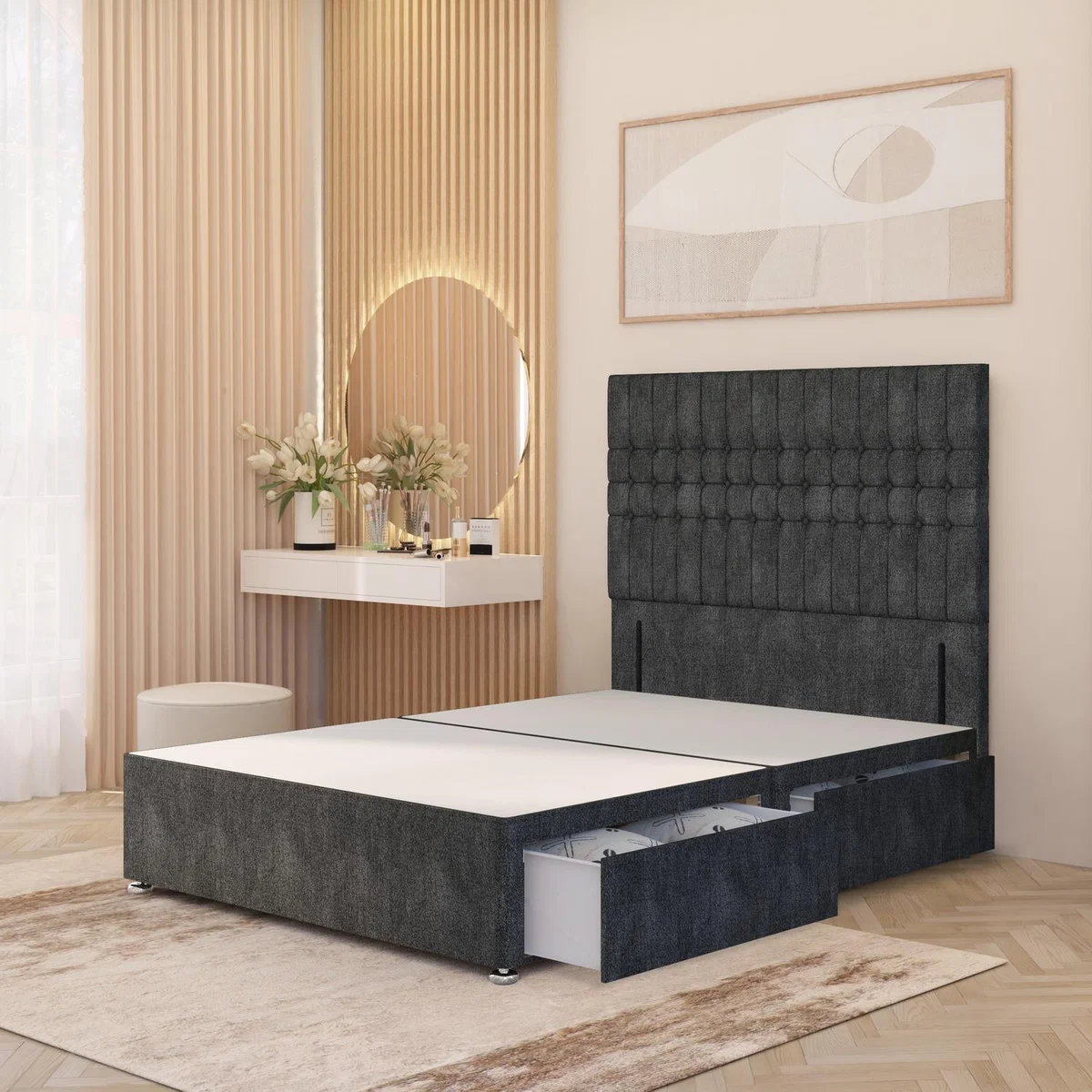 Lexington Divan Bed Base with 54" Floor Standing Headboard Tweed Fabric - Charcoal / Small Double / 4 Drawers