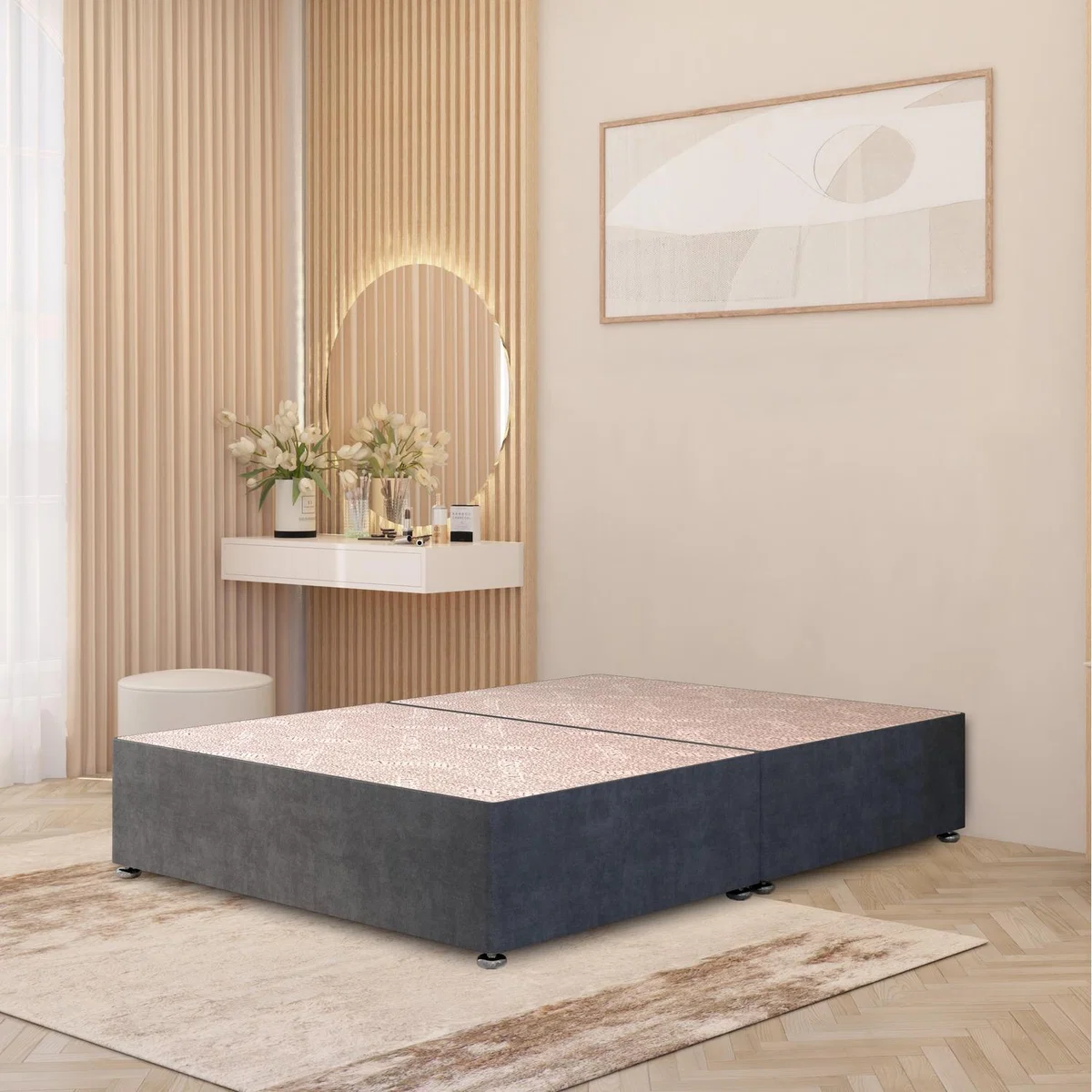 Divan Bed Base Plush Velvet Solid Platform Top with Draw Options - Charcoal / Double / No Drawers
